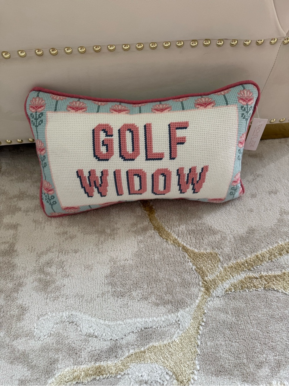 Rachel Zoe Pink and Light Blue 'Golf Widow' Needlepoint Accent Pillow - Picture 1 of 5